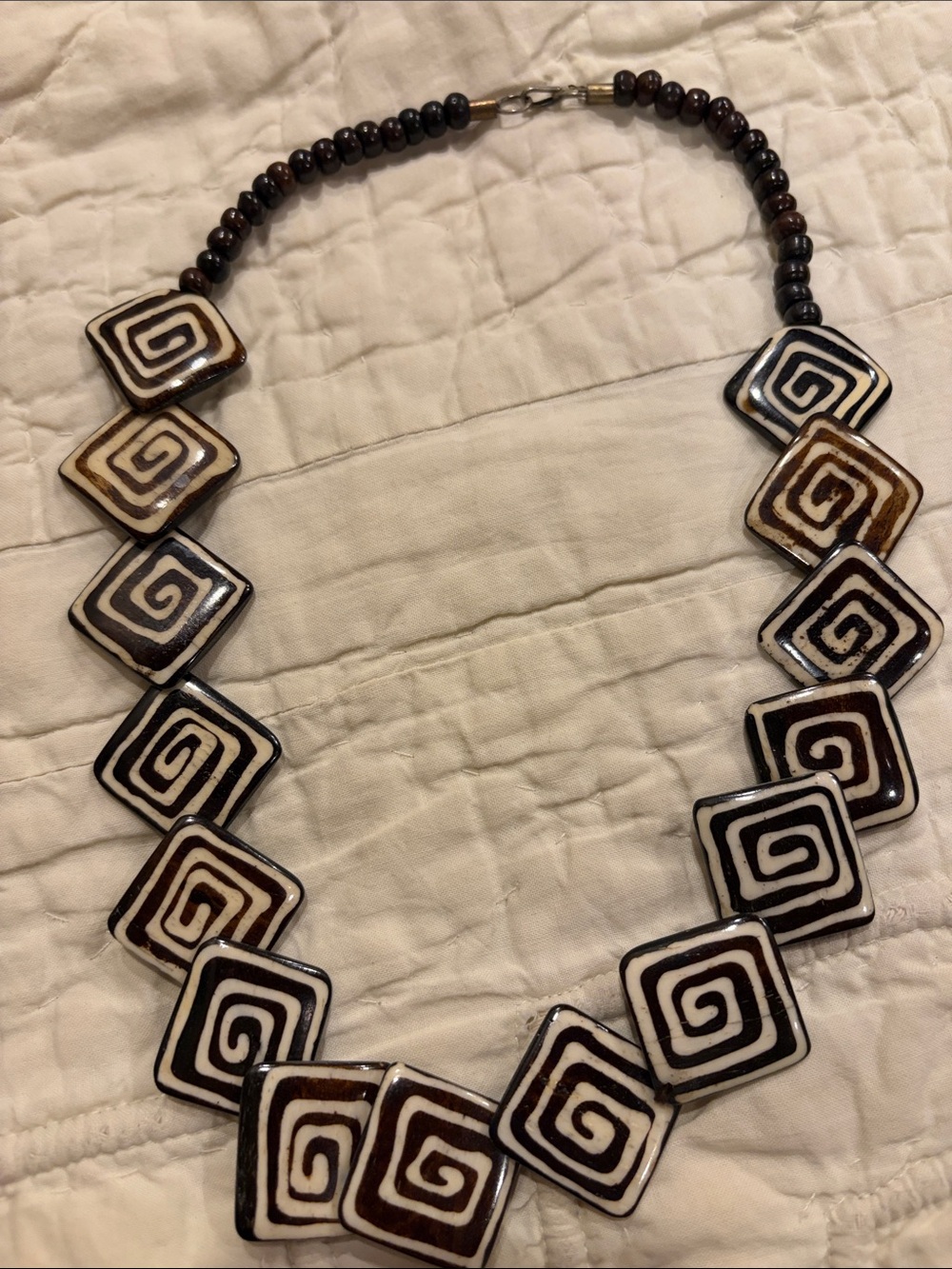 Handcrafted Brown and White Spiral Tile Necklace